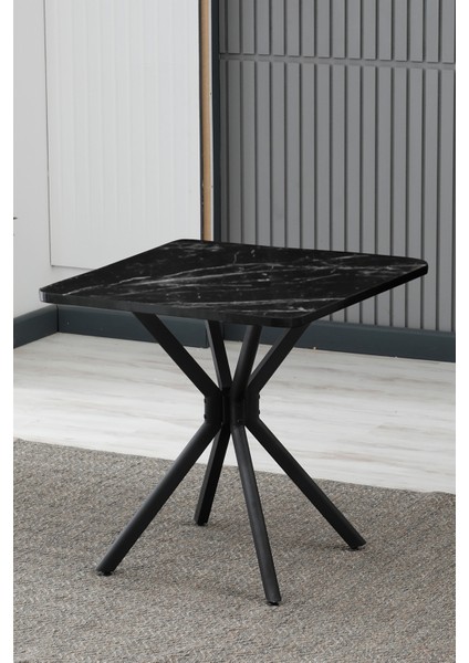 Elma Modeli Kare Mutfak Masa Sandalye Takımı 4 Sandalye 1 Siyah Mermer Desen Masa 70X70 Keten Kumaş