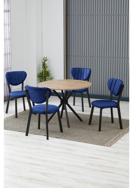 Elma Modeli Yuvarlak Mutfak Masa Sandalye Takımı, 4 Sandalye 1 Sabit Ceviz Masa 90X90 Cm, Keten Kumaş