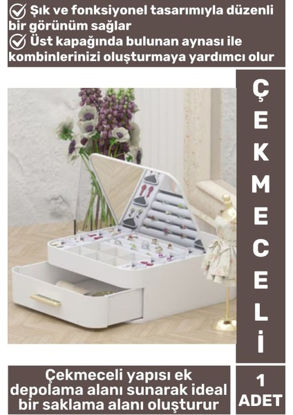 Şık Çok Bölmeli Takı ve Makyaj Düzenleyici Aynalı Organizer