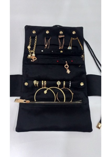 Katlanabilir Rulo Takı Çantası, Seyahat İçin Pratik ve Şık Siyah Renkli Organizer