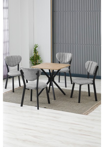 Elma Modeli Kare Mutfak Masa Sandalye Takımı, 4 Sandalye 1 Sabit Ceviz Masa 70X70 Cm, Keten Kumaş