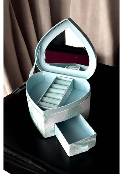 Mavi Kalp Figürlü Bölmeli Çekmeceli Takı Organizeri, Şık ve Kullanışlı Tasarım