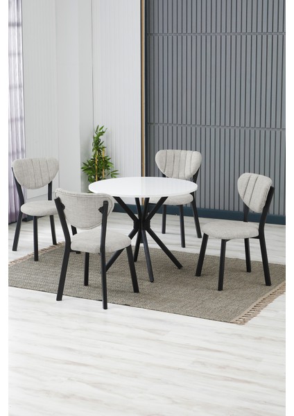 Elma Modeli Yuvarlak Mutfak Masa Sandalye Takımı, 4 Sandalye 1 Sabit Beyaz Masa 90X90 Cm, Keten Kumaş