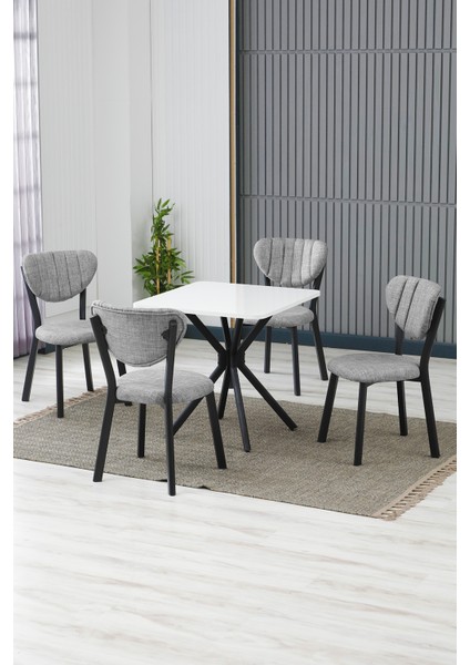 Elma Modeli Kare Mutfak Masa Sandalye Takımı, 4 Sandalye 1 Sabit Beyaz Masa 70X70 Cm, Keten Kumaş