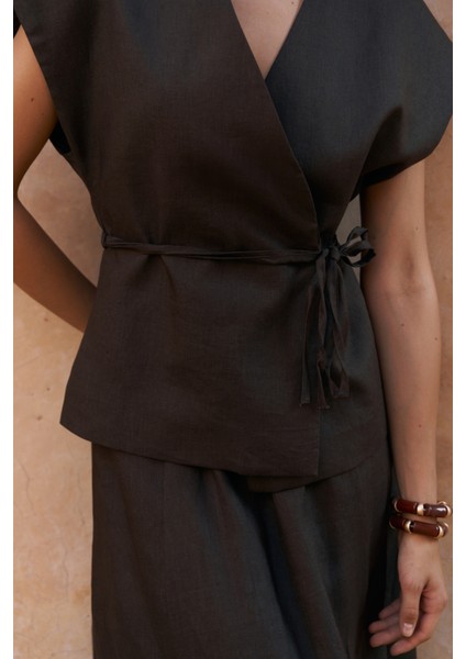 Fiametta Salaş Acı Kahve Keten Yelek Etek Takım