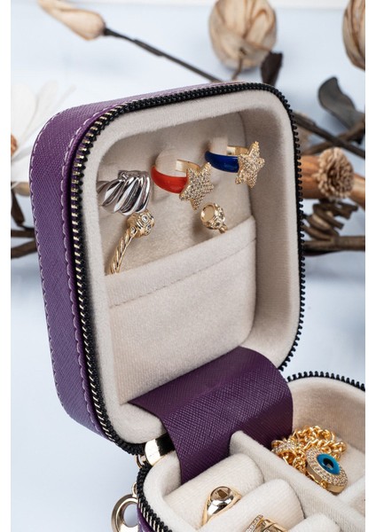 Mor Fermuarlı Deri Takı ve Seyahat Çantası, Ahşap Kasalı, 11X11 cm fiyatları