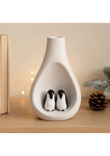 Dekoratif Seramik Damla Vazo Penguen Figürlü Ekru Renk