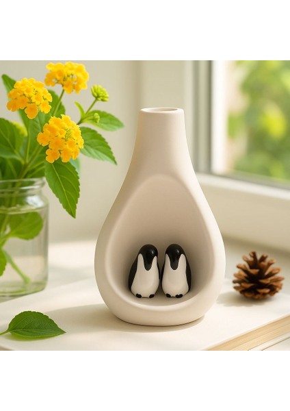 Dekoratif Seramik Damla Vazo Penguen Figürlü Ekru Renk modelleri