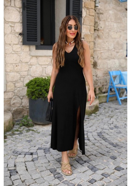 Kadın Askılı V Yakalı Yırtmaçlı Viskon Elbise fiyatları