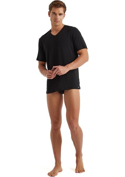 Silver V Yaka Kısa Kol Siyah T-Shirt C8T0N3O9