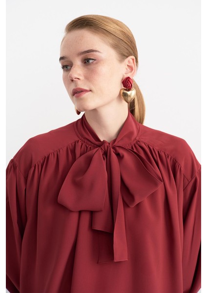 Melsa Büzgülü Fularlı Gömlek Bordo modelleri