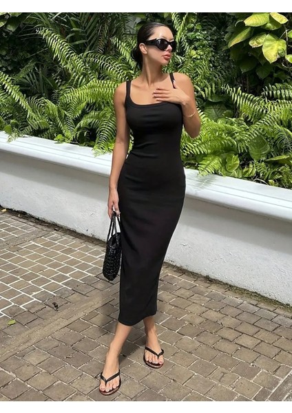 Kadın Ip Askılı Yuvarlak Yakalı Yırtmaçlı Midi Kaşkorse Elbise