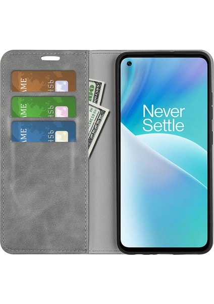 Oneplus Nord 2t 5g Için Cilt Dokunma Hissi Telefon Kılıfı, Iyi Korunmuş Cüzdan Standı Tasarım Pu Deri Otomatik Emici Manyetik Düşme Önleyici Kılıf-Gri (Yurt Dışından)