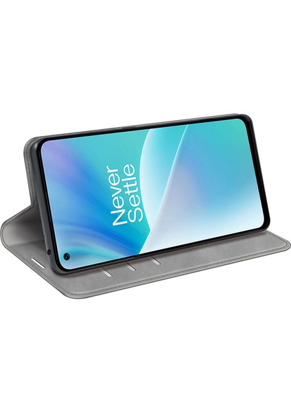 Oneplus Nord 2t 5g Için Cilt Dokunma Hissi Telefon Kılıfı, Iyi Korunmuş Cüzdan Standı Tasarım Pu Deri Otomatik Emici Manyetik Düşme Önleyici Kılıf-Gri (Yurt Dışından)