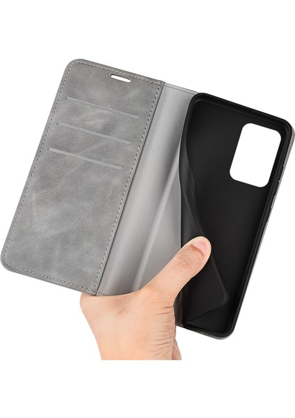 Oneplus Nord 2t 5g Için Cilt Dokunma Hissi Telefon Kılıfı, Iyi Korunmuş Cüzdan Standı Tasarım Pu Deri Otomatik Emici Manyetik Düşme Önleyici Kılıf-Gri (Yurt Dışından)