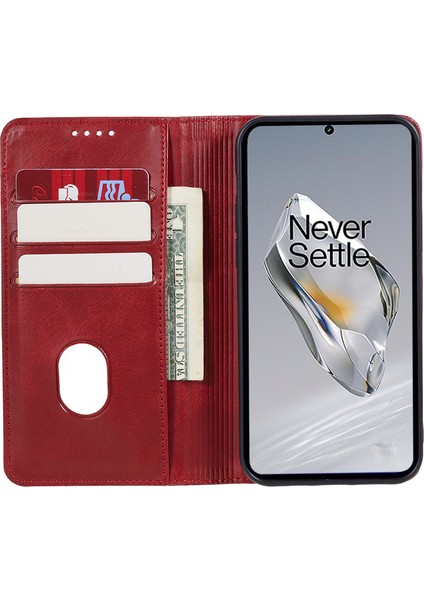 Oneplus 12R 5g/ace 3 5g Kılıf Pu Deri Dana Dokusu Iş Stili Manyetik Kart Yuvası Telefon Kılıfı-Kırmızı (Yurt Dışından)