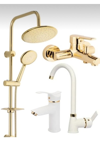 Kca Gold Robot Duş, Banyo, Beyaz Gold Kartal Lavabo, Mutfak Bataryası Musluğu Çeşmesi 4’lü Set