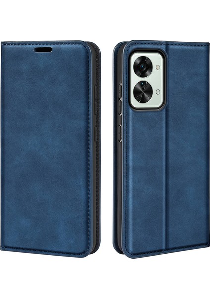 Oneplus Nord 2t 5g Için Cilt Dokunma Hissi Telefon Kılıfı, Iyi Korunmuş Cüzdan Standı Tasarım Pu Deri Otomatik Emici Manyetik Düşme Önleyici Kılıf-Mavi (Yurt Dışından)