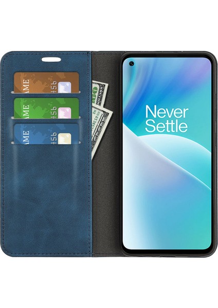 Oneplus Nord 2t 5g Için Cilt Dokunma Hissi Telefon Kılıfı, Iyi Korunmuş Cüzdan Standı Tasarım Pu Deri Otomatik Emici Manyetik Düşme Önleyici Kılıf-Mavi (Yurt Dışından)