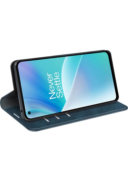 Oneplus Nord 2t 5g Için Cilt Dokunma Hissi Telefon Kılıfı, Iyi Korunmuş Cüzdan Standı Tasarım Pu Deri Otomatik Emici Manyetik Düşme Önleyici Kılıf-Mavi (Yurt Dışından)