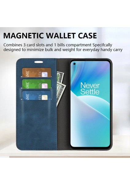 Oneplus Nord 2t 5g Için Cilt Dokunma Hissi Telefon Kılıfı, Iyi Korunmuş Cüzdan Standı Tasarım Pu Deri Otomatik Emici Manyetik Düşme Önleyici Kılıf-Mavi (Yurt Dışından)
