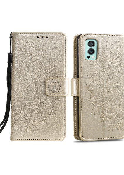 Oneplus Nord 2 5g-Gold Için Pu Deri Baskılı Mandala Desenli Cüzdan Standı Kılıf Kayışlı (Yurt Dışından)