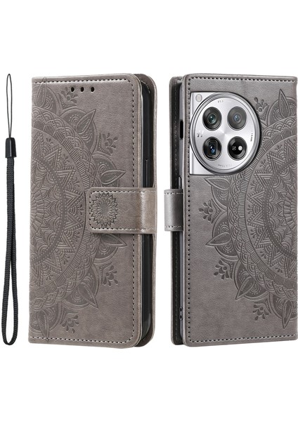 Oneplus 12 5g Manyetik Telefon Kılıfı Mandala Çiçek Baskılı Pu Deri + Tpu Kapak-Gri (Yurt Dışından)