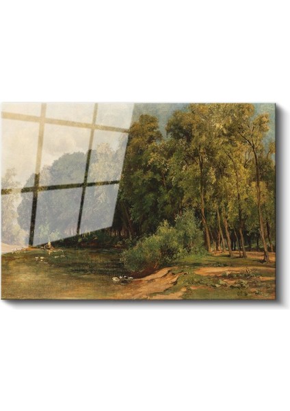 Jean-Baptiste-Camille Corot - Göl Kenarında Ağaçlar Cam Tablo fiyatları