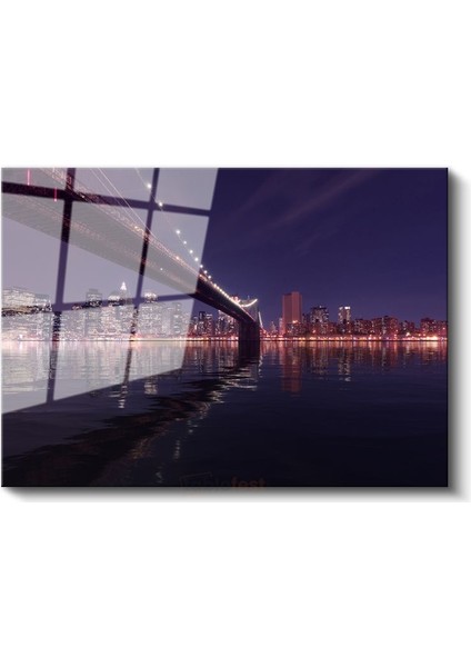 Brooklyn Köprüsü - Gece New York Silüeti Cam Tablo