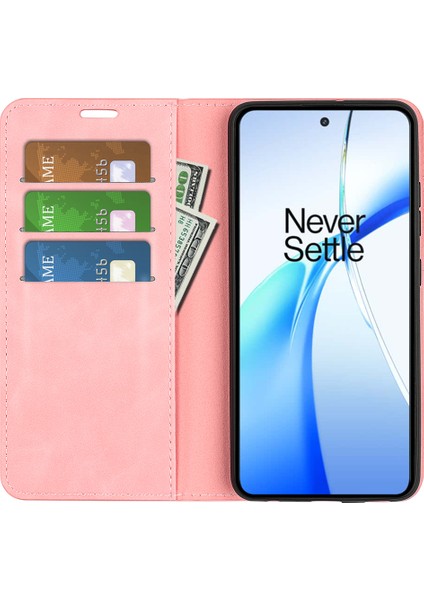 Oneplus Ace 3V 5g Kılıf Cilt Dostu Kart Yuvaları Manyetik Kapaklı Deri Telefon Kılıfı-Pembe (Yurt Dışından)