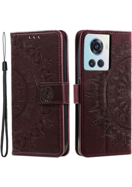 Oneplus 10R 5g/ace 5g Çizilmez Stand Kılıfı Mandala Çiçek Desenli Baskılı Pu Deri Cüzdan Flip Kılıf Bilek Kayışı Ile-Kahverengi (Yurt Dışından)