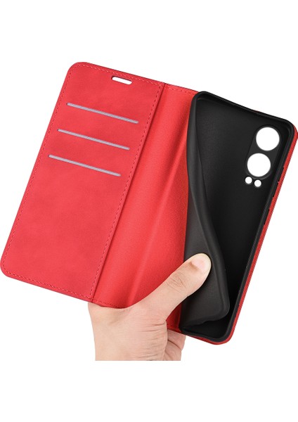 Oneplus Nord Ce4 Lite 5g/oppo K12X 5g(Çin)Cüzdan Telefon Kılıfı Cilt Dokunuşlu Deri Kapaklı Kılıf-Kırmızı (Yurt Dışından)