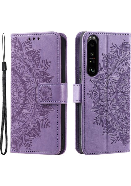 Sony Xperia 1 V Mandala Çiçek Desenli Deri Telefon Kılıfı Flip Cüzdan Standı Kapağı-Mor (Yurt Dışından)