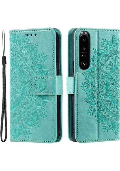 Sony Xperia 1 Iv 5g Düşmeye Karşı Dayanıklı Telefon Kapaklı Kılıf Mandala Çiçek Desenli Baskılı Pu Deri Cüzdan Kılıfı Manyetik Kapatma Standı-Yeşil (Yurt Dışından)