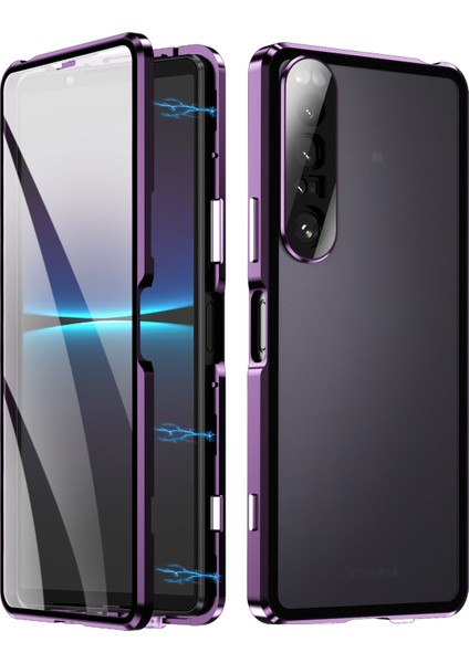 Sony Xperia 1 Iv 5g Için Düşmeye Karşı Dayanıklı Aşınmaya Karşı Dayanıklı Metal Çerçeve + Temperli Cam + Pc Hibrit Kapak Manyetik Kapatma Telefon Kabuğu Kılıfı-Mor (Yurt Dışından)