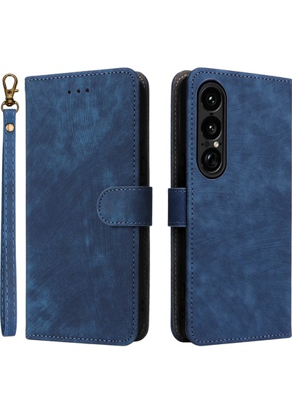 Sony Xperia 1 Vıı Kılıf Cüzdan Rfıd Engelleme Pu Deri Kılıf Standı Kayışlı-Mavi (Yurt Dışından)