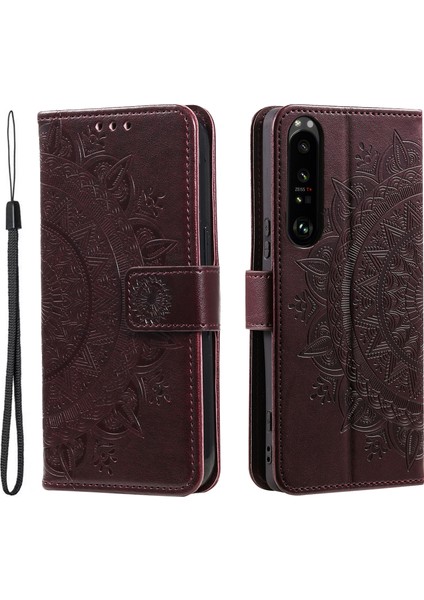 Sony Xperia 1 Vı Deri Kılıf Mandala Çiçek Baskılı Folio Telefon Kılıfı-Kahverengi (Yurt Dışından)