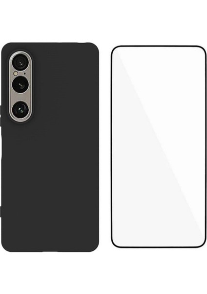 Sony Xperia 1 Vıı Tpu Kılıf Wanlonfeng Ms Serisi Mat Arka Kapak Temperli Cam (Büyük Delikli Lens)-Siyah (Yurt Dışından)