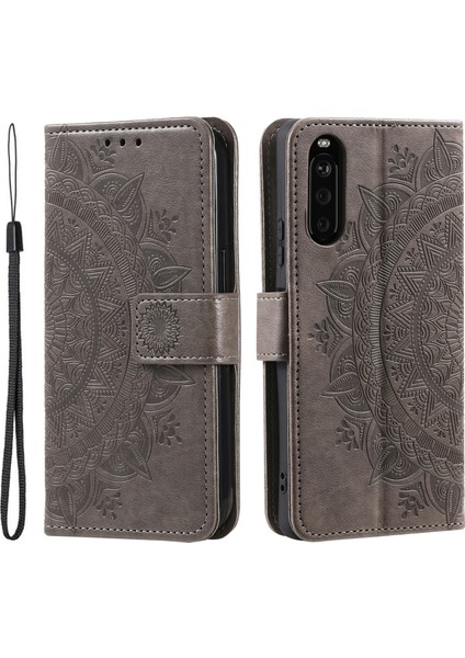 Sony Xperia 10 Vı Kılıf Mandala Çiçek Baskılı Flip Stand Telefon Kılıfı-Gri (Yurt Dışından)