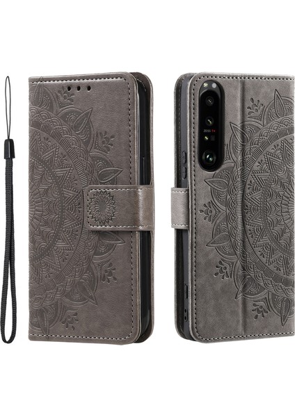 Sony Xperia 1 Vı Deri Kılıf Mandala Çiçek Baskılı Folio Telefon Kılıfı-Gri (Yurt Dışından)