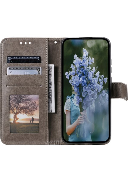 Sony Xperia 1 Vı Deri Kılıf Mandala Çiçek Baskılı Folio Telefon Kılıfı-Gri (Yurt Dışından)