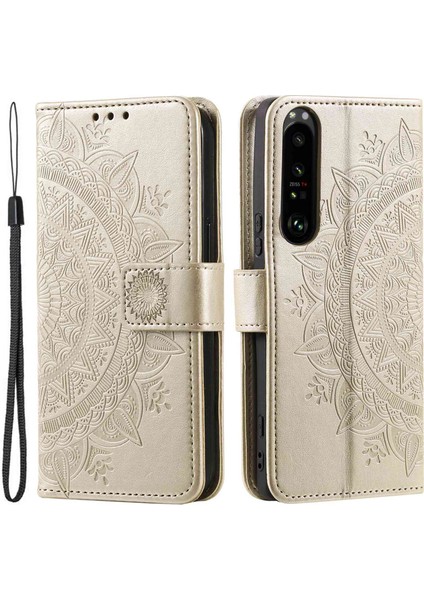 Sony Xperia 1 Iv 5g Düşmeye Karşı Dayanıklı Telefon Kapaklı Kılıf Mandala Çiçek Desenli Baskılı Pu Deri Cüzdan Kılıfı Manyetik Kapatma Standı-Altın (Yurt Dışından)