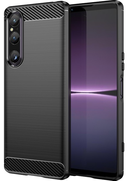 Sony Xperia 1 V Fırçalanmış Telefon Kılıfı Karbon Fiber Doku Telefon Kabuğu Cep Telefonu Kapağı-Siyah (Yurt Dışından)