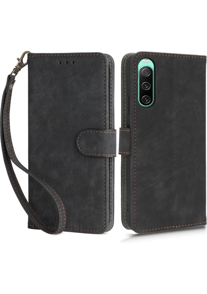 Sony Xperia 10 Iv 5g Telefon Deri Kılıf Standı Cüzdan Rfıd Engelleme Telefon Kılıfı Kayışlı-Siyah (Yurt Dışından)