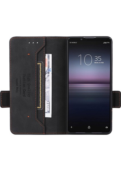 Sony Xperia 1 Vı Kılıf Pu Deri Donanım Dekor Kart Tutucu Stand Folio Telefon Kılıfı-Siyah (Yurt Dışından)