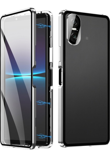 Sony Xperia 10 Vı Temperli Cam Kılıf Metal Çerçeve Şeffaf Pc Arka Manyetik Telefon Kılıfı-Gümüş (Yurt Dışından)