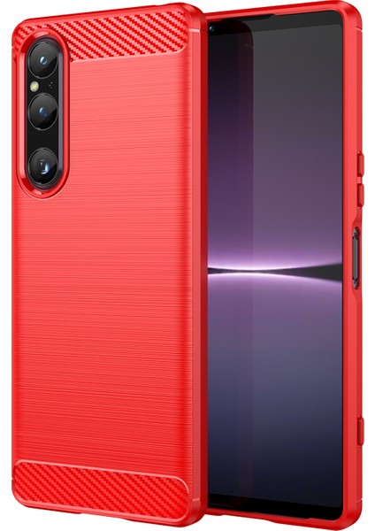 Sony Xperia 1 V Fırçalanmış Telefon Kılıfı Karbon Fiber Doku Telefon Kabuğu Cep Telefonu Kapağı-Kırmızı (Yurt Dışından)