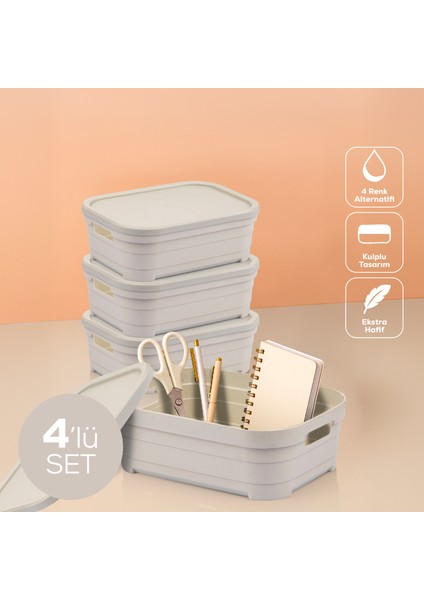 4'lü Kapaklı 2,8 Litre Saklama Kutusu Bej