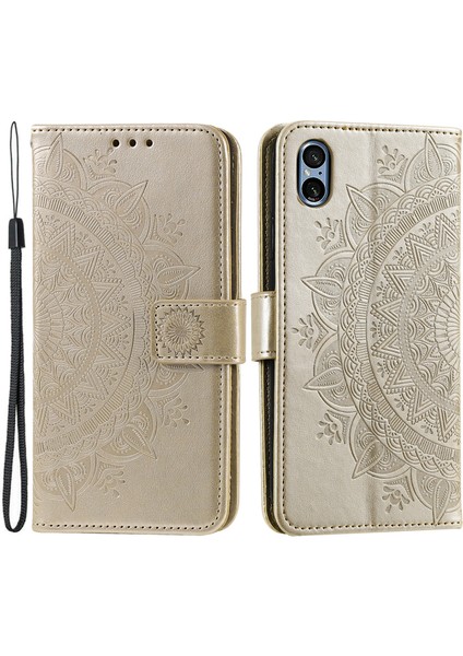 Sony Xperia 5 V Mandala Çiçek Baskılı Cüzdan Pu Deri Telefon Kılıfı Standı Kılıfı Kayışlı-Altın (Yurt Dışından)