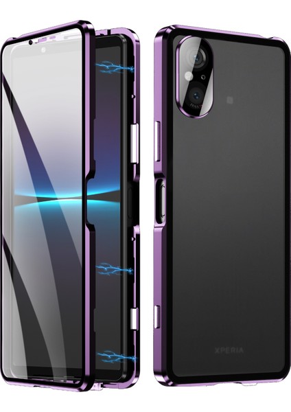 Sony Xperia 5 V Temperli Cam Kılıf Metal Çerçeve Şeffaf Pc Arka Manyetik Telefon Kılıfı-Mor (Yurt Dışından)